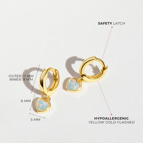 925 Sterling Silver Simulated Opal Heart Dangle Hoop Earrings - Small and Delicate Earrings With Heart Details - Everyday Wear4
