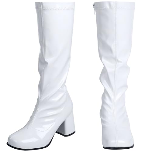 SATINIOR 60s 70s Women's Go Go Boots, Knee Block Heel Zipper Boot, Heel Knee High Boots for Cosplay, Disco, Evening Party