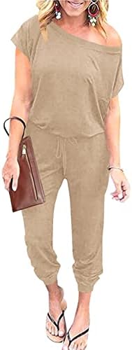 ANRABESS Women's Off Shoulder Solid Elastic Waist Short Sleeve Jumpsuit One Piece Tracksuit Outfits A203kaqi-L