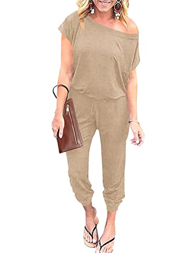 Anrabess Women's Off Shoulder Solid Elastic Waist Short Sleeve Jumpsuit One Piece Tracksuit Outfits A203Kaqi-L #TOP18