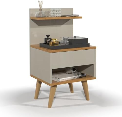 Mesa de Cabeceira Modelo Sleep com Gaveta e Pés Palito Off White/Nature
