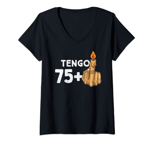 Mujer 75+1 Dedo Medio Vela De Cumpleaños Para El 76º Cumpleaños Camiseta Cuello V