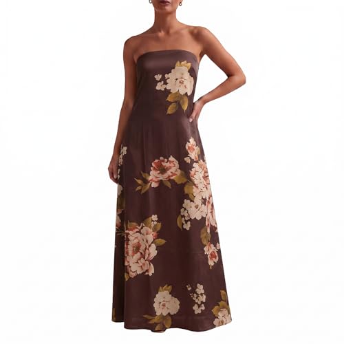 Image of Zwirelz Women Strapless Maxi Dress Boho Floral Print Flowy Long Tube Dress Off Shoulder Loose Beach Sundress