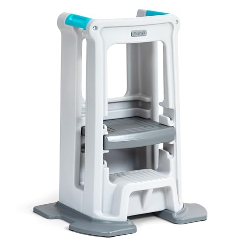 Image of Simplay3 Toddler Tower Montessori Standing Kitchen Step Stool with Sturdy Stabilizing Base and Adjustable Platform, 20.5" D x 26" W x 34.5" H, Ages 18 Months to 5 Years, White