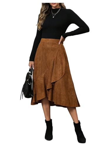 SweatyRocks Women's Ruched High Waist Skirts Asymmetrical Ruffle Hem Casual Solid Zipper Midi Skirt