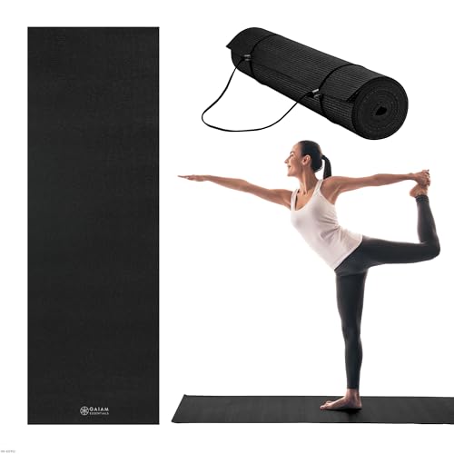 Gaiam Essentials premium yogamatta med yogamatta bärare sele (183 cm L x 24 tum B x 1/4 tum tjock) Svart 6mm