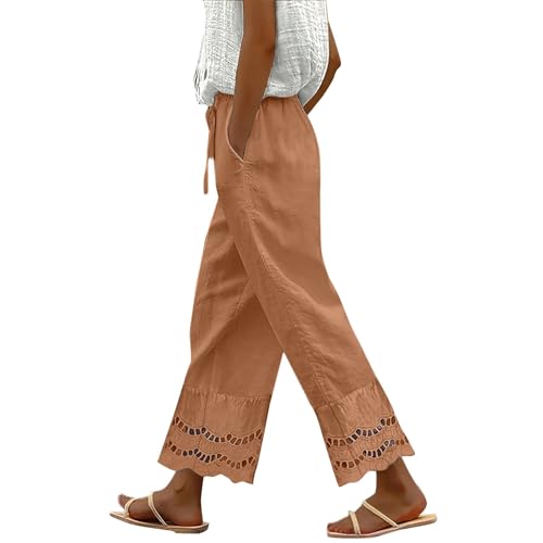 Pantalones cortos casuales de verano para mujer, cintura suelta, con encaje, retazos, algodón, lino, talla grande, para trabajo, oro rosa, XXL