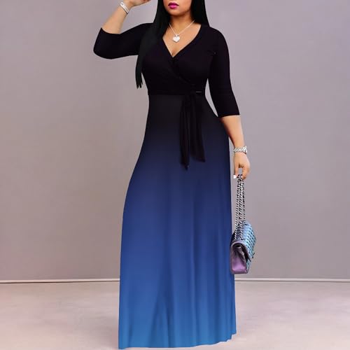 Image of PinkPatty Women's Plus Size Maxi Dresses Casual Flowy 3 /4 Sleeves Dress Printed Vacation Dress for Daily Wear with Belt