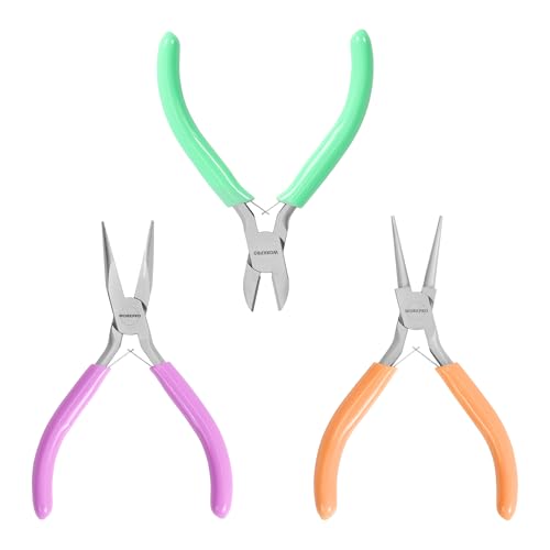 WORKPRO Jewelry Pliers Set, 3-Piece Mini Jewelry Tool Kit—Purple Needle Nose Plier/Chain Nose Plier, Orange Round Nose Pliers & Green Wire Cutter fo