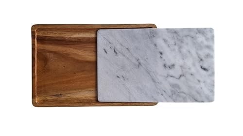 Plateau en bois de teck et marbre blanc de service rectangulaire pour décoration