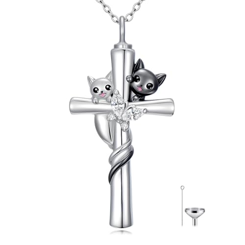 TOUPOP Cat Cross Urn Necklaces for Ashes S925 Sterling Silver Butterfly Cremation Jewelry Memorial Keepsake Jewelry with Funnel Filler for Women Men
