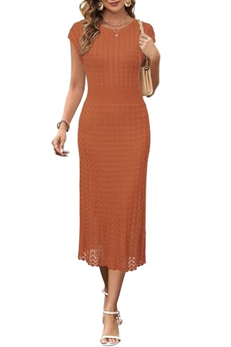 Image of Newshows Women's Hollow Slim Summer Fall Church Work Casual Sweater Dress | Machine Washable Knit Sweater Fabric, Hollow Design, Bell Sleeve, Business Casual, Church Teacher Outfits, Modest Dress