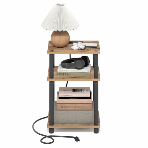 Image of Furinno Just 3-Tier Night Stand with Charging Station, Brown Oak | USB and Type-C Charging Port, Open Shelf Bedside Table, Side Table, End Table, for Living Room, Bedroom
