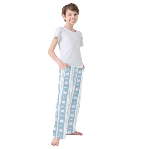 Boys' Pants Cute Cat and Fish Blue Stripe Long Bottoms Jogger Pants Elastic Waist Trousers with Pockets S-XL4