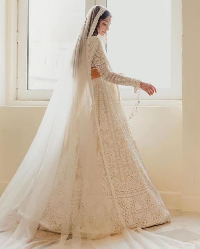 Image of Fashion Basket Embroidered Sequin Butterfly Net Babydoll Bridal Lehenga Set, White