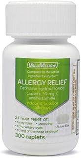 ValuMeds 24-Hour Allergy Medicine (300-Count) Antihistamine for Pollen, Hay Fever, Dry, Itchy Eyes, Allergies | Cetirizine HCl 10mg Caplets