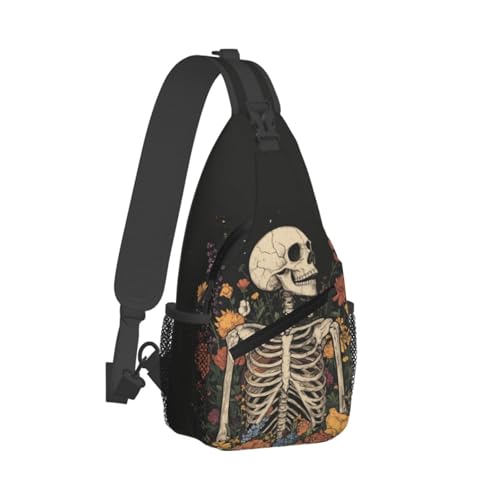 Image of SUPLUCHOM Sling Bag Skeleton Flower Skull Vintage Hiking Daypack Crossbody Shoulder Backpack Travel Chest Pack for Men Women