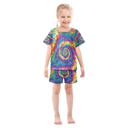 ALAZA Color Tie Dye Abstract Pajamas Set Short Sleeve Cotton Sleepwear Summer Pjs 2 Piece 5-14Y3