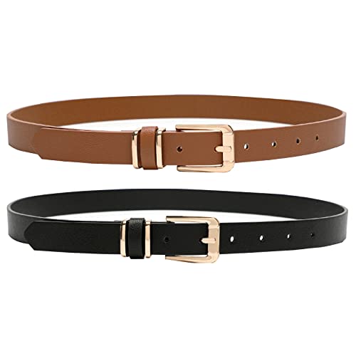 Earnda Women's Skinny Waist Belts for Jeans Dress, PU Leather Pin Buckle Thin Belt 2 Pack