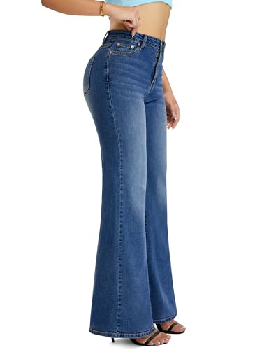 High Waisted Wide Leg Flared Jeans for Women, Stretchy Loose Bell Bottom Jean with 40-Pocket