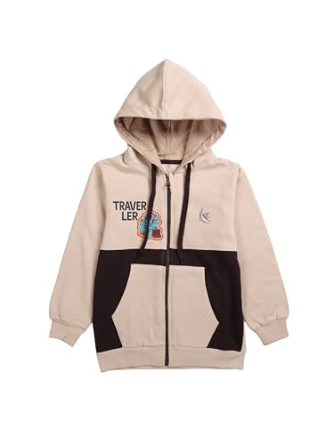 KiddoPanti Boys Front Zip Open Cut and Sew Hooded Sweatshirt with Traveller Themed Badges and Prints, Beige & Coffee Brown Traveller - 6-8Y