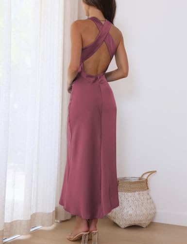 Image of Halfisland Womens Satin High Neck Backless Sleeveless Cocktail Midi Dress