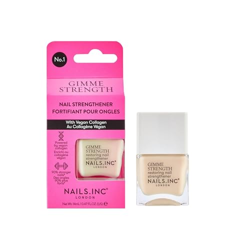 Nails Inc Gimme Strength Nail Treatment, Restoring Strengthener, Vegan Collagen, Shimmering Nail Highlighter, Durable & Strong Nails, Promote Nail Health, Cruelty Free, Vegan, 14 ML
