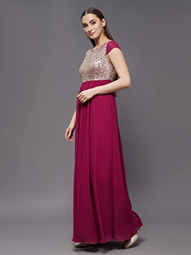 Image of Miss Chase Women's Round Neck Sleeve Embellished Fit Flare Maxi Dress