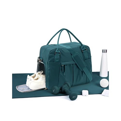 Large Carry on Gym Bag for Women, Waterproof Sport Bag for Fitness with Dry Wet Separated Pocket and Shoe Compartment, Overnight Weekender Fitness Workout Sports Bag, Peacock Blue