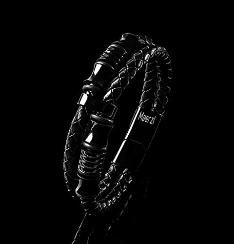Maerzl Bracelet For Men Leather With Black Stainless Steel Clasp Wrist Cuff Bangle (Black Stainless Steel, 8.07) #TOP3