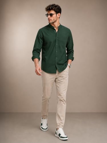 Image of Veirdo Men's Stylish Solid Casual Shirt | Chinese Collar Pure Cotton | Available in Black, Brown, Rust, Olive, White & Navy | Sizes S to XXL