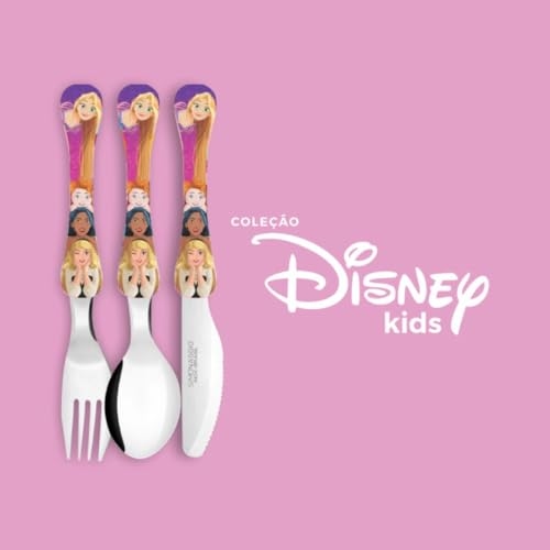 SIMONAGGIO Jogo de Talheres Infantil Disney Kids Princesas - Kit de Talheres de Aço Inox Com Cabo Plástico - Multicor - 3 Peças