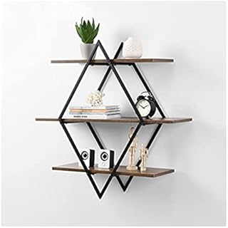 spot on dealz® 3 Tier Rhombus Black floating decorative hanging shelves with MDF wood rustic shelf and metal wire frame industrial wall mounted shelving unit
