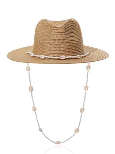 Chapeau paille femmes raffiné à collier coquillages dessus concave