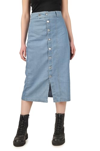 Image of Button Side Split Denim Long Straight Skirt for Women & Girls