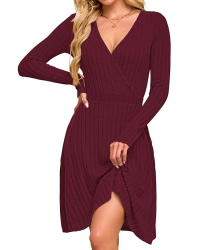 AUSELILY Womens Fall Dress 2025 V Neck Long Sleeve Dresses A Line Wrap Knit Dress3