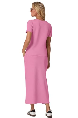 Image of GRECERELLE Women Summer Casual 2 Piece Sets V-Neck Wrinkle-Free Top & Elastic Waist Midi Side Slit Skirt with Pockets