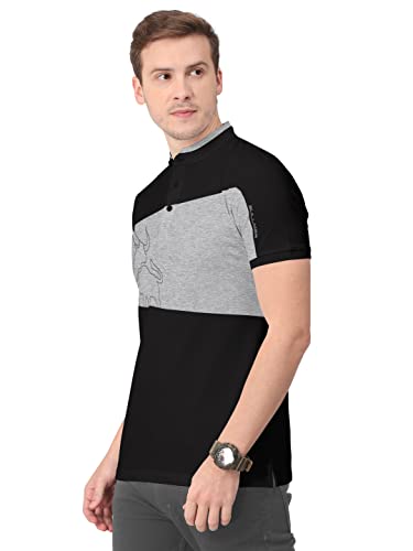 Image of BULLMER Mens Cotton Henley Neck /Chinese Collar Tshirt - Black /Grey X-Large