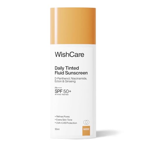 Image of WishCare Daily Fluid Tinted Sunscreen SPF50 PA++++| M202 | Broad Spectrum Protection for all skin types | In-Vivo Tested Tinted Sun Screen | D-Panthenol, Niacinamide, Ectoin & Ginseng | Evens & Protects | 50ml