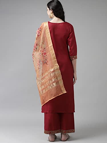 Image of INDO ERA Women's Cotton Blend Yoke Design Straight Kurta with Pant & Dupatta Set