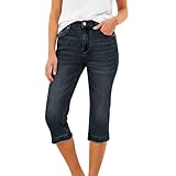Blczomt Denim Capris for Women Casual Trendy Tummy Control Mid Rise Stretch Jeans Summer Distressed Curvy Pants with Pockets