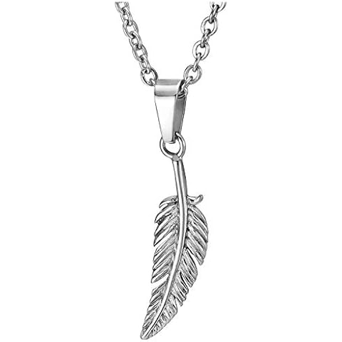 COOLSTEELANDBEYOND Klein Vintage Feder Blatt Anhänger für Damen Herren, Edelstahl Halskette mit 51cm Stahl Seil-Kette Cover