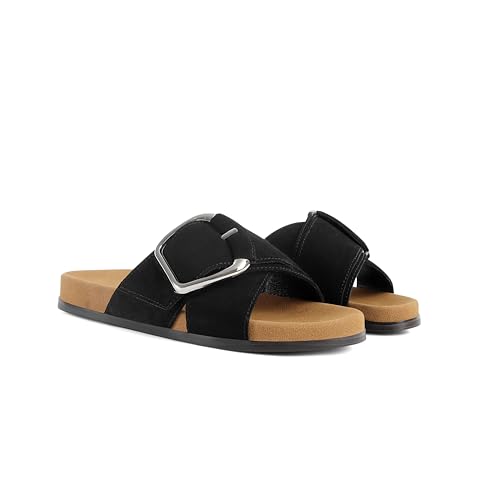 Image of Flat Sandals for Women Cross Buckle Straps Slides Slip-On Comfortable Summer Vacation Beach Sandals
