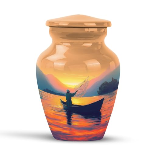 KARYLIZ Fishing Cremation Urns - Orange Small Urn for Ashes Adult Male - Sunset Urns for Human Ashes Adult Man - Mini Keepsake Decorative Urn for Female - Memorial for Mom - Funeral for Women 3 Inch