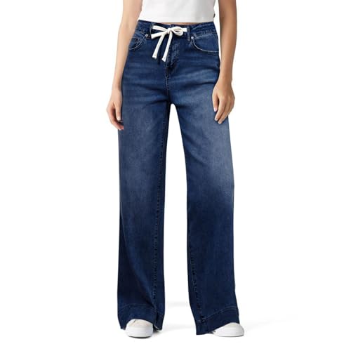 Straight Leg Jeans for Women Baggy Drawstring Adjustable Waist Jeans with Pockets Stretch Cute Wide Leg Denim Pants2