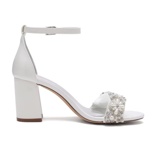 Image of Pearl Wedding Shoes for Bride Block Heel Wedding Sandals Open Toe Bridal Heels