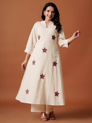 Image of INDO ERA Women Off White Pure Cotton Co-Ord Set | Kurta Pant Set for Casual Wear,IEOUT12478M | Cord Set For Women Cotton |