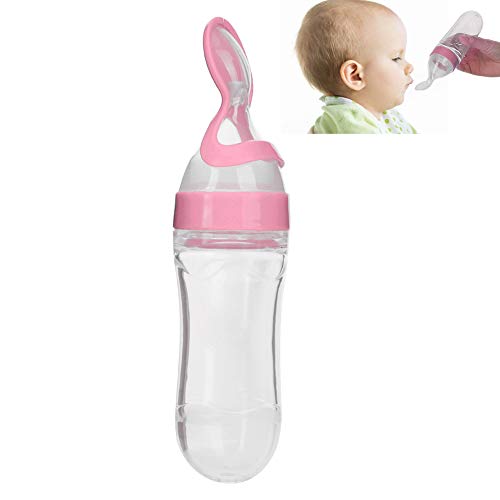 Alimentatore per Alimenti per Bambino 90 ml, Biberon in Silicone per Bambini con Cucchiaio Cucchiaino per Alimenti per Bambini con Frutta Fresca Ciuccio per Neonati Neonate(Rosa)
