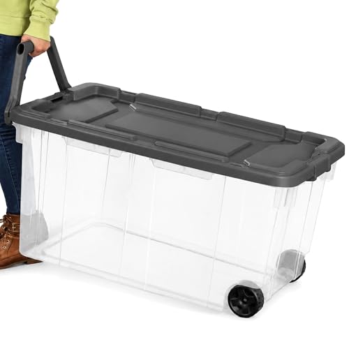 Extra Large Clear Wheeled Storage Bin 40 Gallon Plastic Container with Latch Lid and Pull Handle for Closet Garage Office