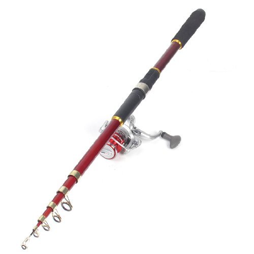 DealMux Preto Vermelho 2.4M 6 seções telescópicas Vara de Pesca w molinete